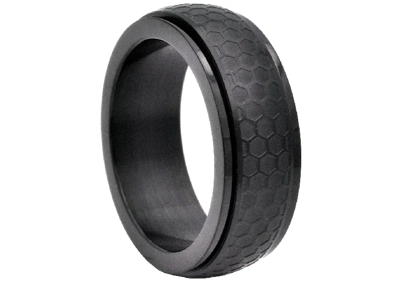 Custom Engagement Rings-Mens Black Honey Comb Textured Stainless Steel Spinner Band