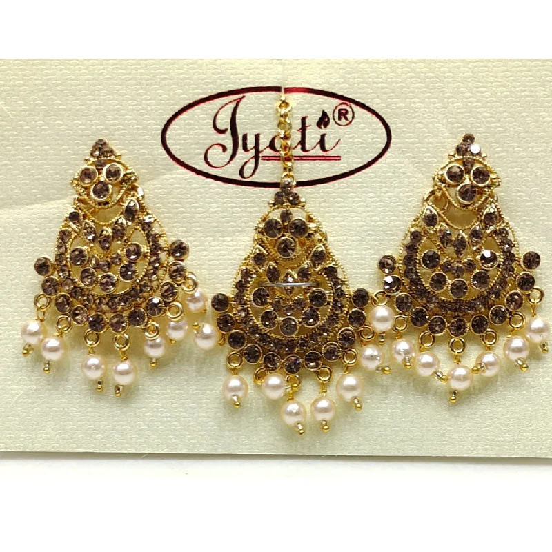 Wedding Earrings for Guests-Tip Top Jewellers Gold Plated Austrian Stone And Pearl Earrings With Mangtikka