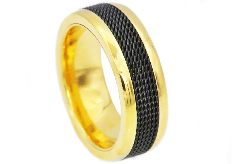 Vintage Silver Rings-Mens 8mm Gold Stainless Steel Black Cable Inlay Ring