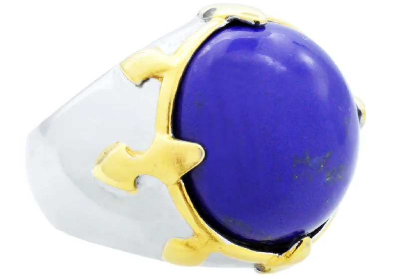 Designer Gold Rings-Mens Genuine Lapis Lazuli  And Gold Stainless Steel Ring