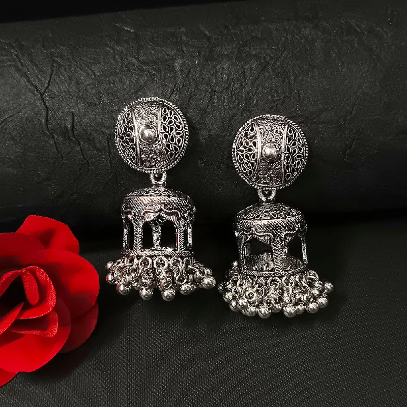 Handcrafted Silver Earrings-Darshana Jewels Oxidised Plated Jhumki Earrings