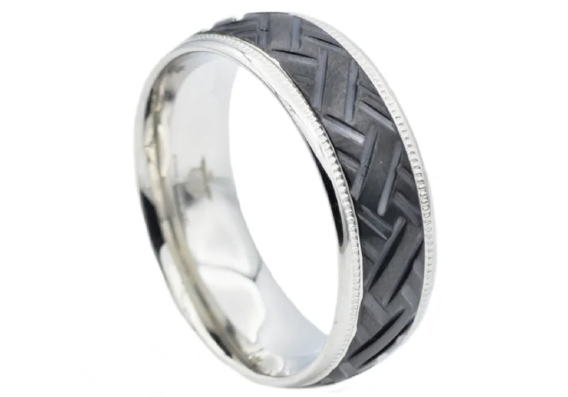 Wedding Rings with Colored Stones-Mens 8mm Black Plated Stainless Steel Diamond Cut Band Ring