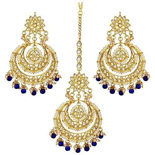 Trendy Earrings for Teens-Etnico Traditional Gold Plated Wedding Chandbali Kundan & Pearl Earring Set With Maang Tikka for Women (TE7077BL)