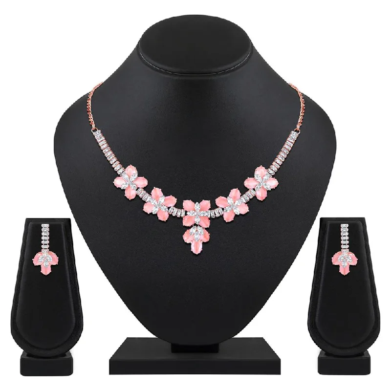 Heart Shaped Pendant Necklaces-Mahi Rose Gold Plated Pink and White Cubic Zirconia (CZ) Floral Women's Necklace Set (NL1103819ZPin)