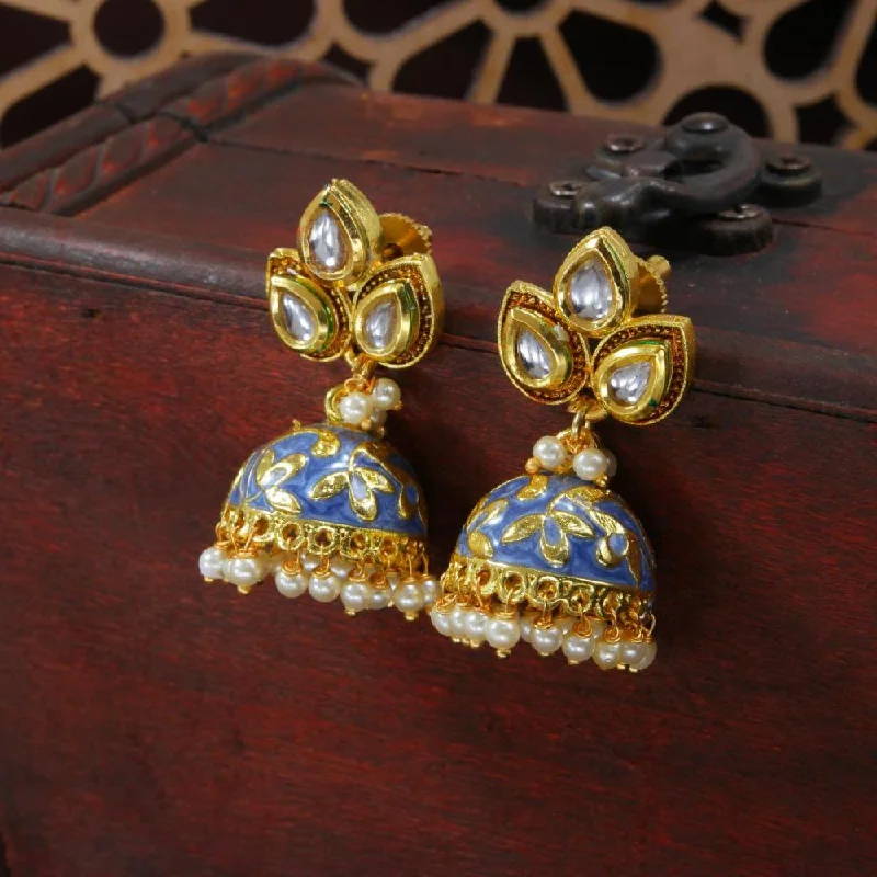 Long Dangle Earrings-Etnico Gold Plated Meenakari Kundan & Pearl Drop Jhumka Earrings For Women (E2924Bl)