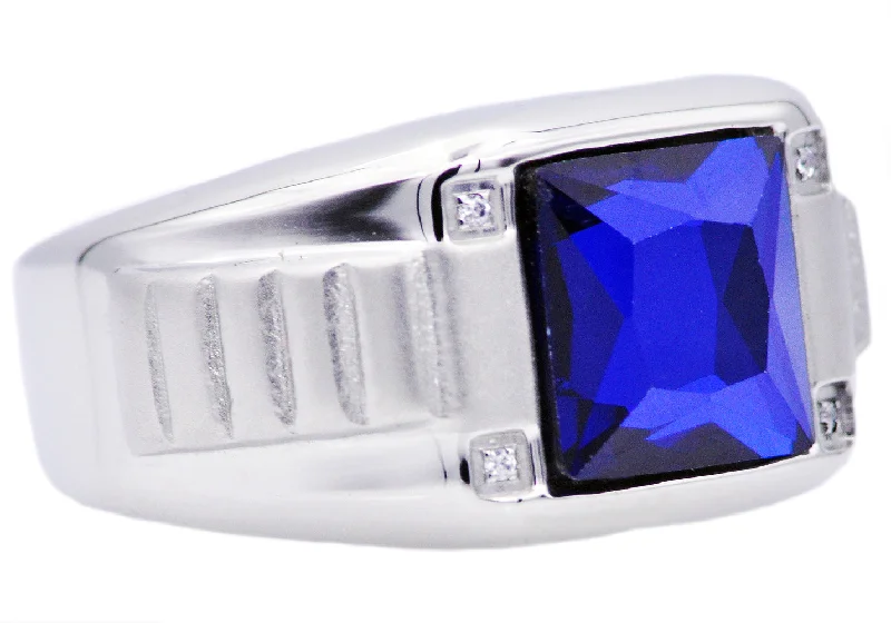 Modern Diamond Engagement Rings-Mens Genuine Blue Spinel And Stainless Steel Ring With Cubic Zirconia