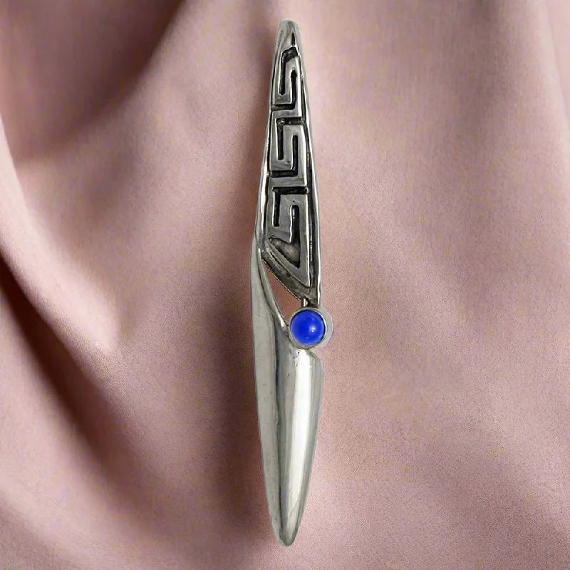 Custom Brooch with Colorful Stones-Greek Key Meander Brooch in Sterling Silver with a Lapis Lazuli (K-61)