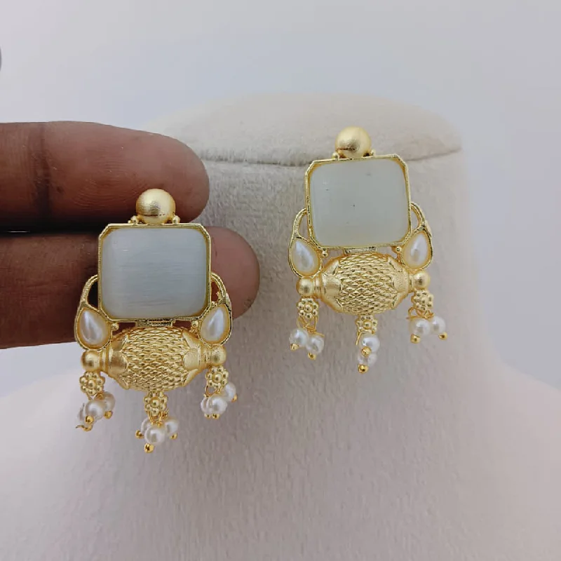 Layered Gold Earrings-Marudhar Creations Gold Plated Matte Finish Pota Stone And Pearls Dangler Earrings