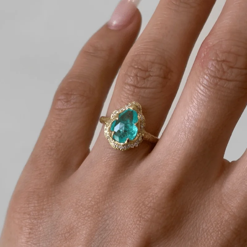 Wedding Bands with Gemstones-18K Baby Queen Water Drop Paraiba Ring with Full Pavé Diamond Halo | Ready to Ship