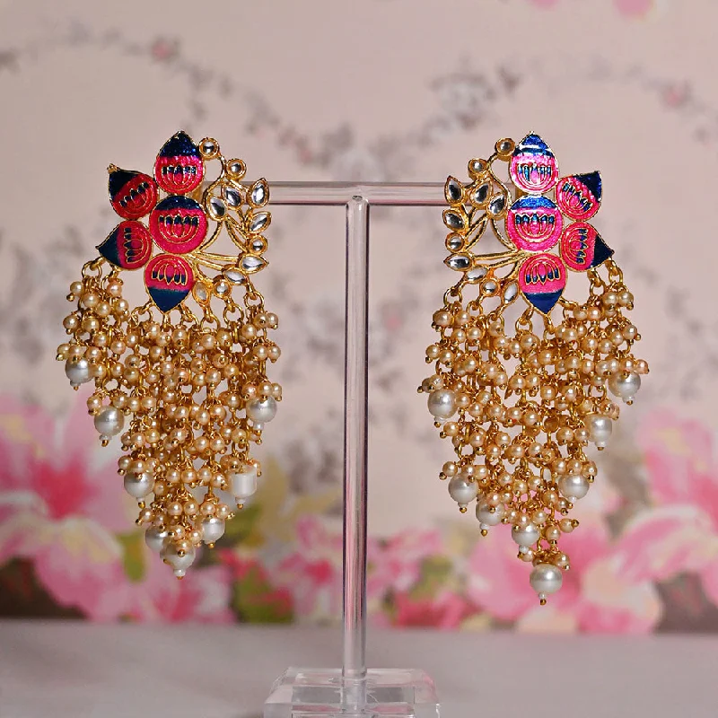 Luxury Hoop Earrings-Shagna Gold Plated Kundan Stone And Meenakari Pearls Dangler Earrings