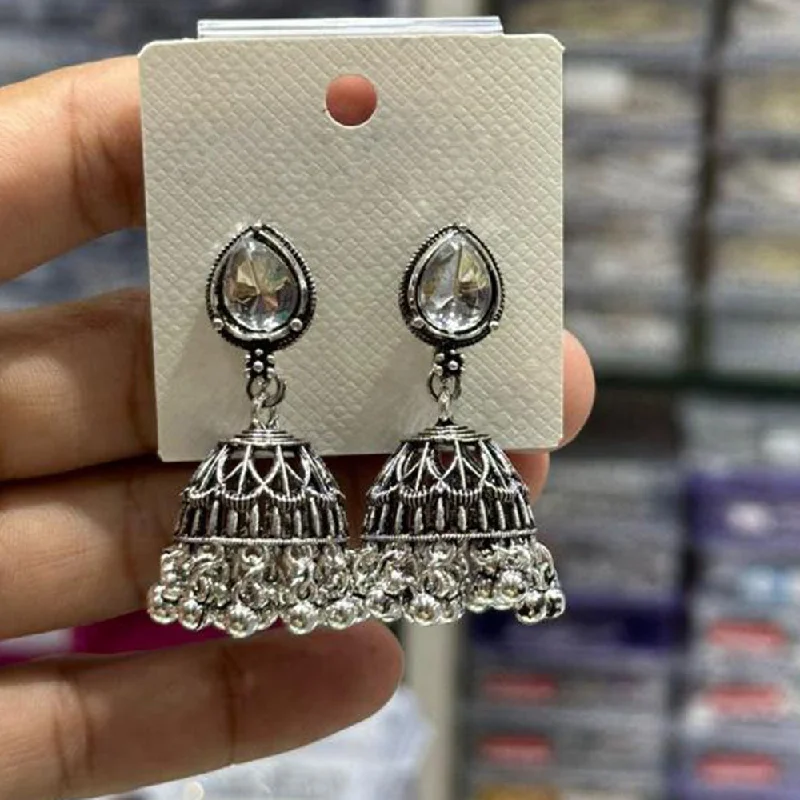 Handcrafted Silver Earrings-Manisha Jewellery Oxidised Plated Crystal Stone Jhumki