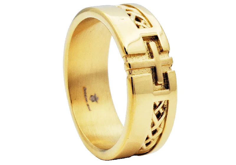 Fashion Rings for Women-Mens Gold Plated Stainless Steel Cross Band With a Weave Design