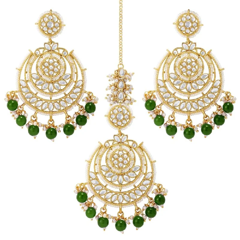 Golden Crystal Earrings-Etnico Gold Plated Traditional Big Kundan & Pearl Chandbali Earrings with Maang Tikka Set for Women/Girls (TE3002G-1)