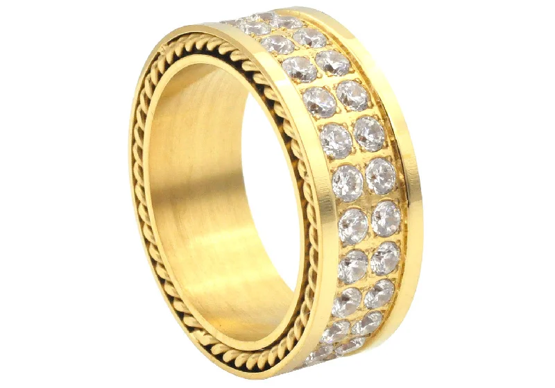 Stylish Wedding Rings for Brides-Mens Gold Stainless Embedded Steel Band With Cubic Zirconia