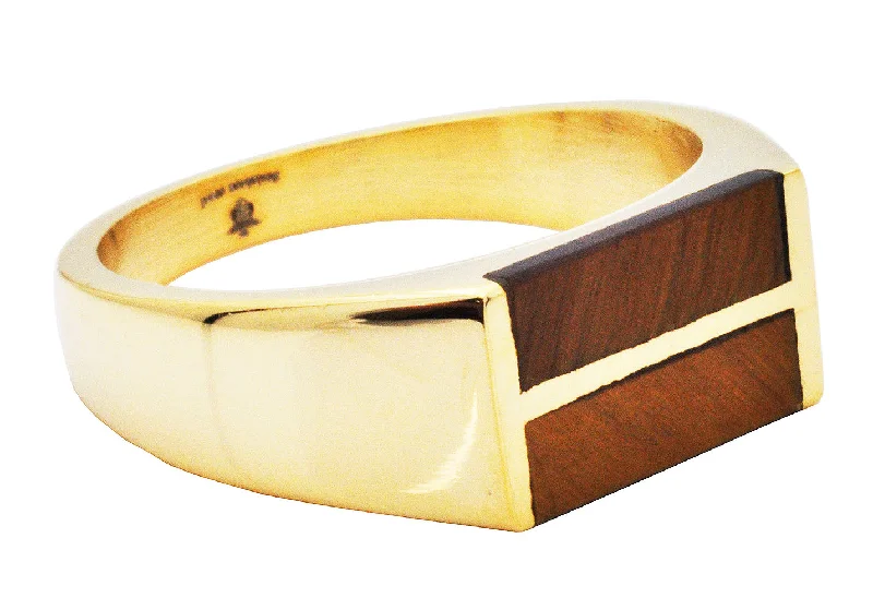 Classic Platinum Wedding Bands-Men's Gold Stainless Steel Bar Ring With Genuine Brown Tiger Eye Stones