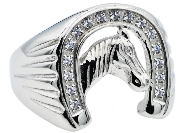 Unique Men's Wedding Bands-Mens Stainless Steel Horse Shoe Ring WIth Cubic Zirconia