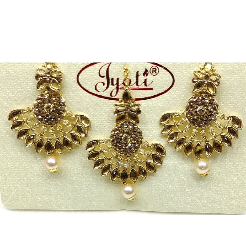 Long Gold Earrings-Tip Top Jewellers Gold Plated Austrian Stone And Pearl Earrings With Mangtikka