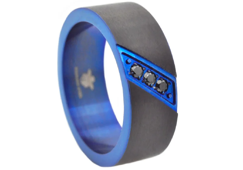 Vintage Promise Rings-Mens Black And Blue Stainless Steel Band With Cubic Zirconia