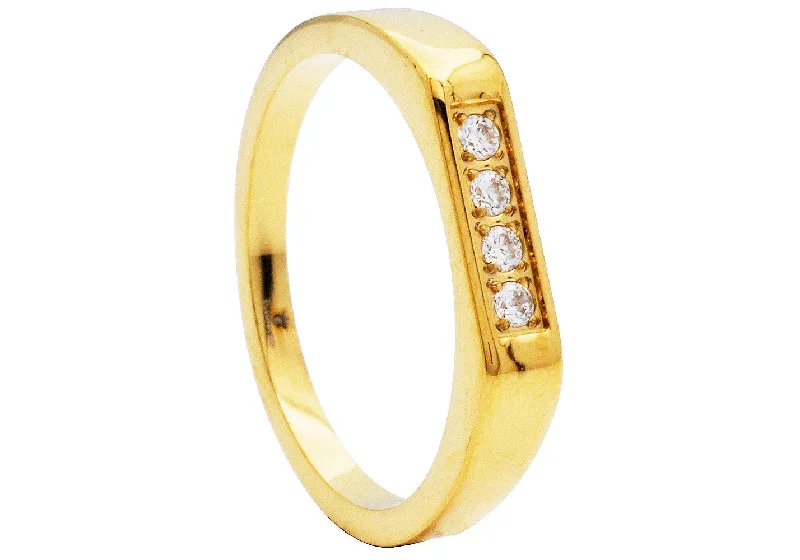 Designer Engagement Rings-Mens Gold Plated Stainless Steel Ring with Cubic Zirconia Bar