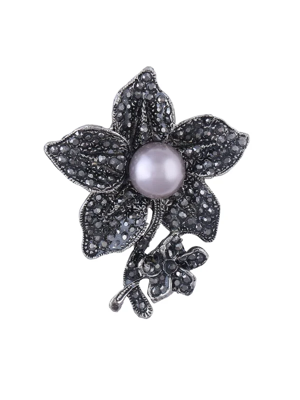 Minimalist Brooch with Pearls-Exquisite Sparkling Diamonds Silver Grey Pearl Flower Pin Brooch