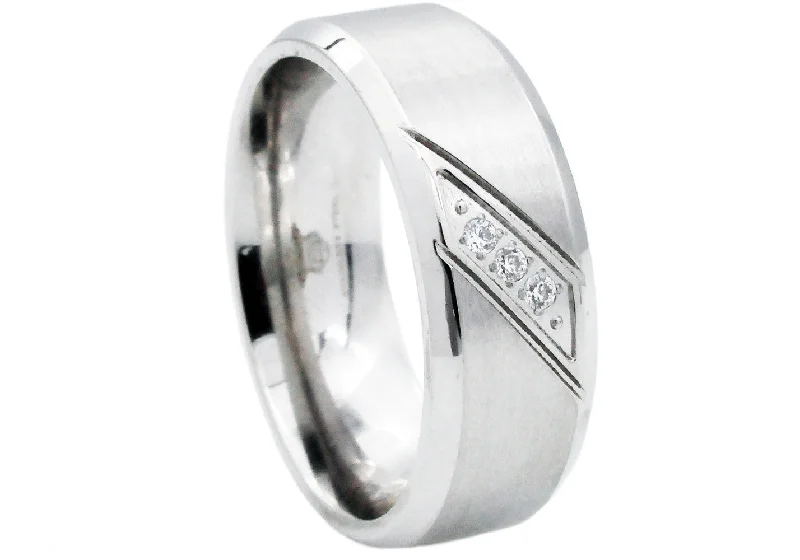 Classic Platinum Wedding Bands-Mens Stainless Steel Band With Cubic Zirconia