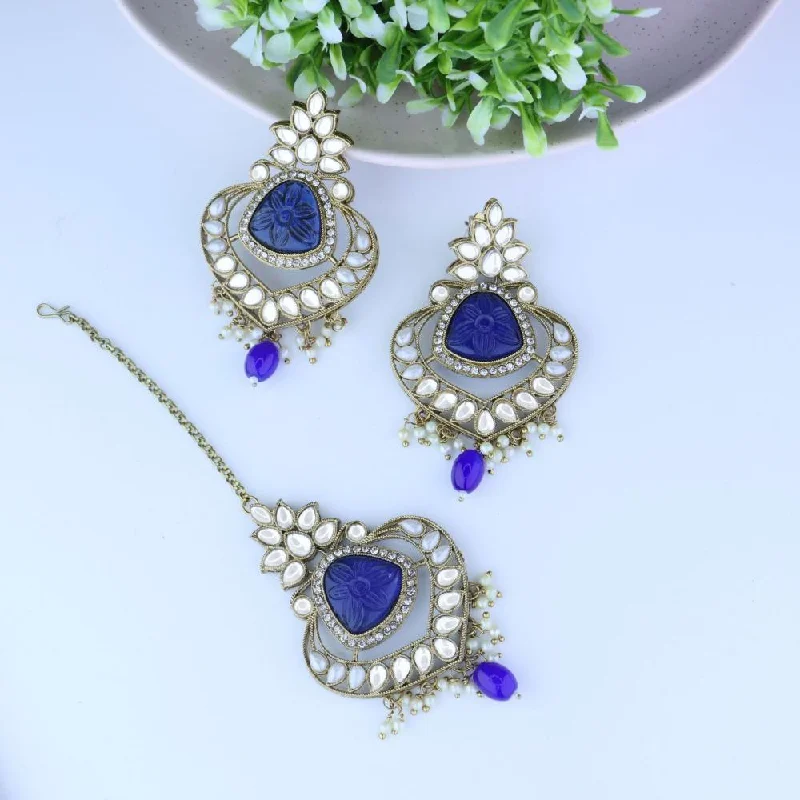 Bohemian Feather Earrings-Etnico Gold Plated Traditional Kundan Pearl Chandbali Earrings With Maang Tikka For Women/Girls (TE3031) (Blue)