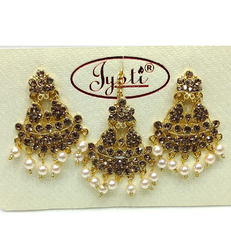 Sparkling Gem Earrings-Tip Top Jewellers Gold Plated Austrian Stone And Pearl Earrings With Mangtikka