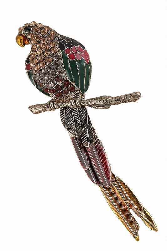 Elegant Feather Brooch-Multicolour Enamel Diamond Parrot Bird Brooch