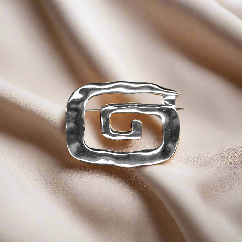 Designer Brooch with Rhinestone Embellishment-Greek Key Meander Brooch in Sterling Silver (K-62)