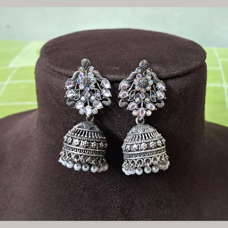 Funky Silver Earrings-H K Fashion Oxidised Plated Austrian Stone And Beads Jhumki Earrings