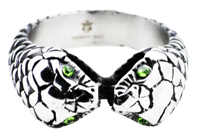 Custom Birthstone Rings-Mens Stainless Steel Snake Ring With Green Cubic Zirconia