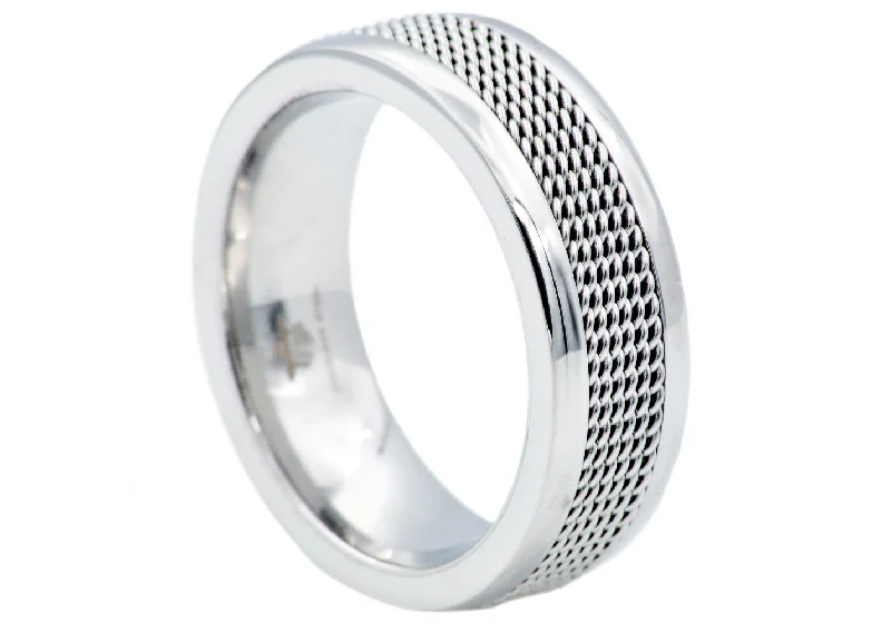 Minimalist Silver Rings-Men's 8mm Polished Stainless Steel Cable Inlay Ring