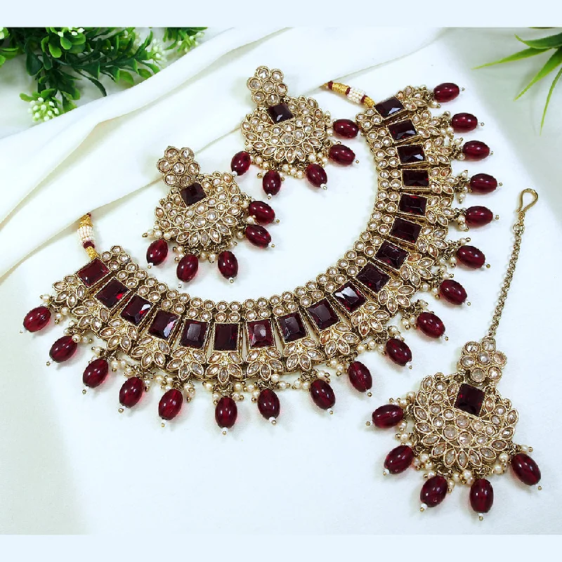 Multi-Layered Gold Necklaces-LALSO Gold plated Zircon Work Necklace Jewelry Set With Maangtika