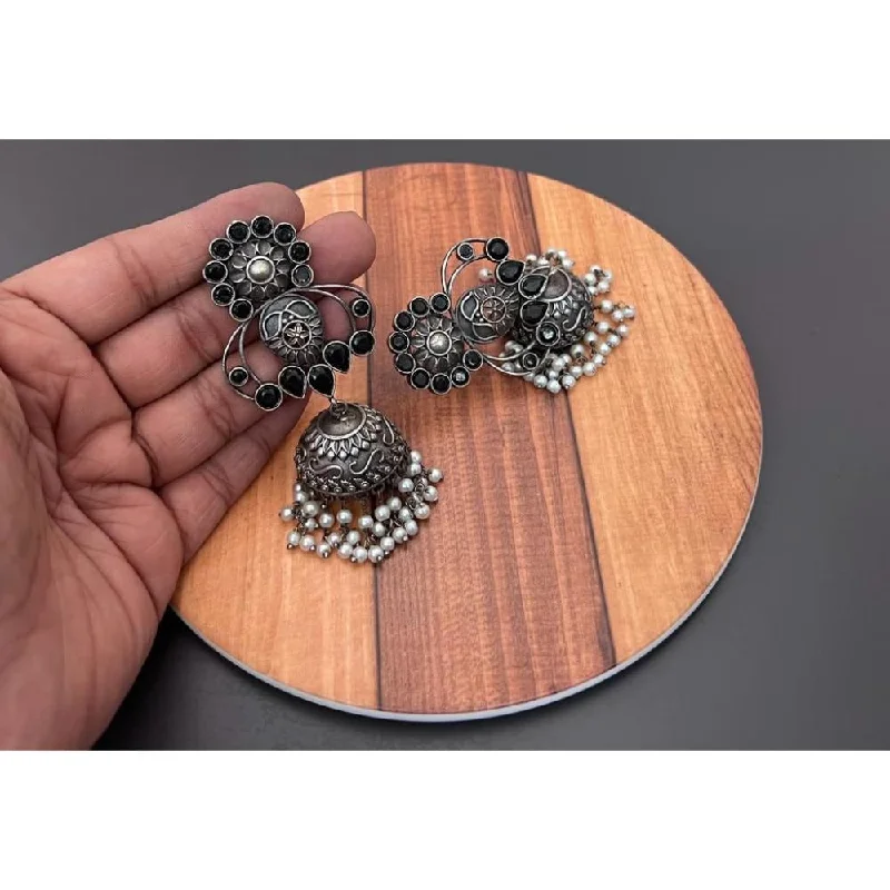 Modern Geometric Earrings-Akruti Collection Oxidised Plated Pota Stone Jhumki Earrings