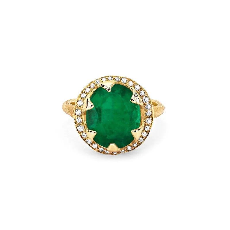 Classic Silver Rings-18k Queen Oval Colombian Emerald Ring with Full Pavé Diamond Halo