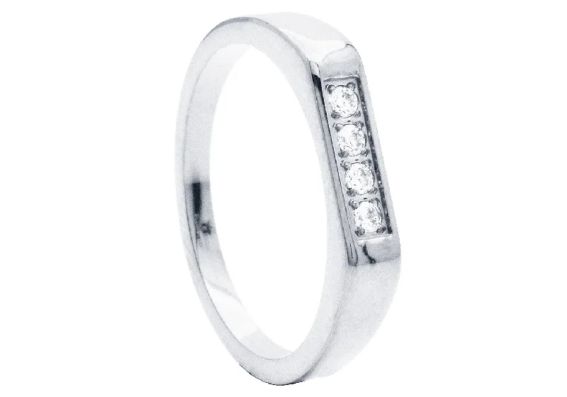 Silver and Diamond Rings-Men's Stainless Steel Ring with Cubic Zirconia Bar