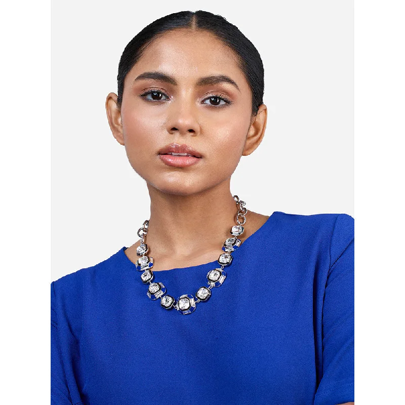 Simple Gemstone Choker Necklaces-Isharya Digital Blue Crystal Necklace In Rhodium and Signature Colored Plating