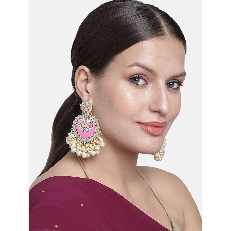 Large Hoop Earrings for Women-Etnico Gold Plated Intricately Designed Traditional Meenakari Chandbali Earrings Glided With Kundans & Pearls (E306Pi)