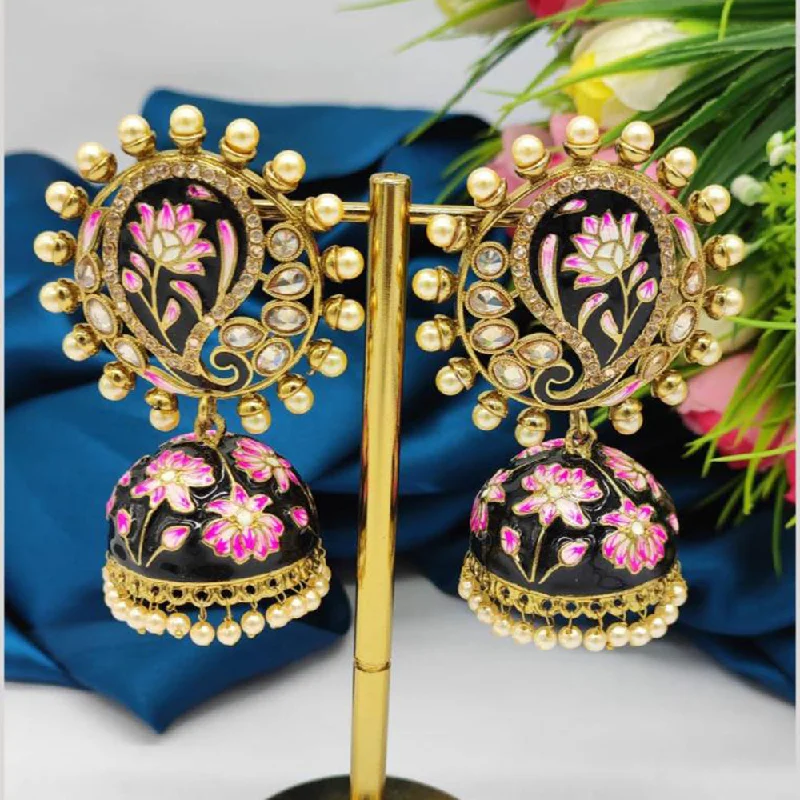 Affordable Silver Earrings-JCM Gold Plated Crystal Stone And Pearls Meenakari Jhumki