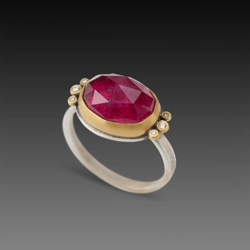 Birthstone Rings for Women-Pink Tourmaline Ring with Diamond Trios