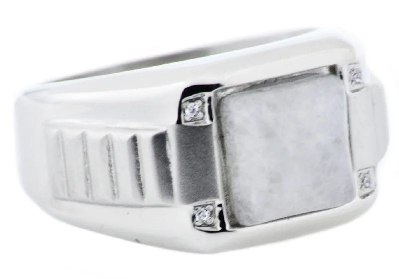 Wedding Bands with Gemstones-Mens Genuine Moonstone And Stainless Steel Ring With Cubic Zirconia