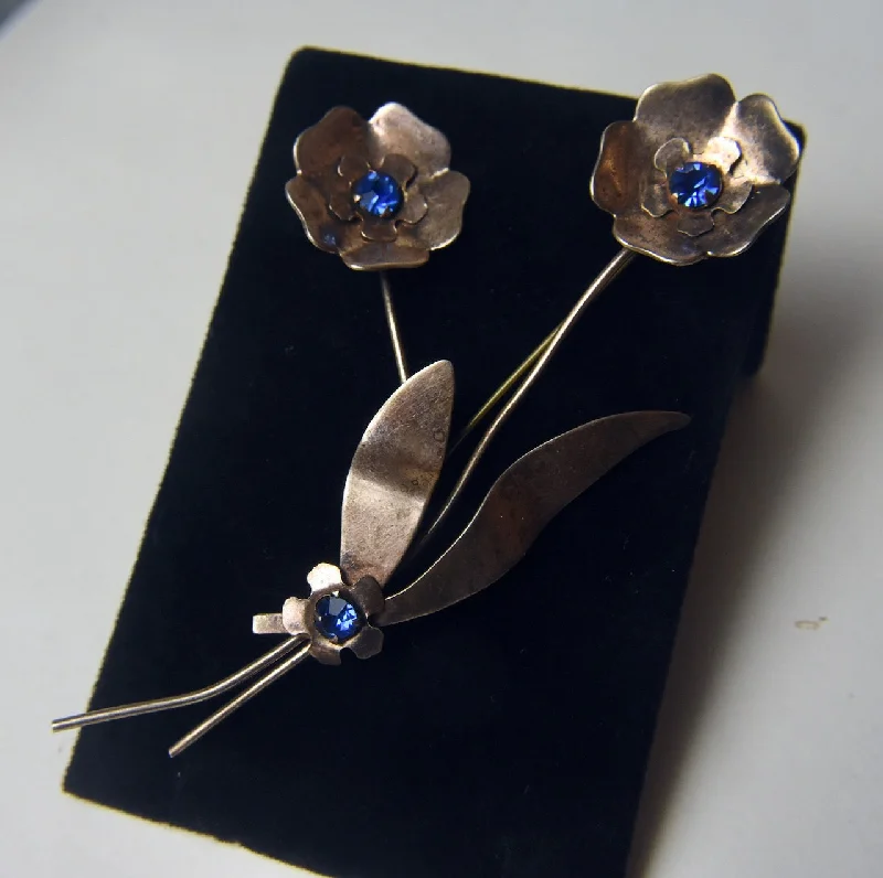 Classic Heart-Shaped Crystal Brooch-Sterling Silver and Blue Crystal Flower Brooch