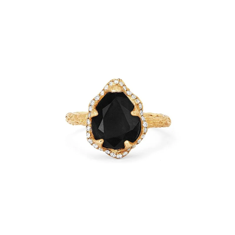 Luxury Engagement Rings for Women-Baby Queen Water Drop Onyx Ring with Full Pavé Diamond Halo