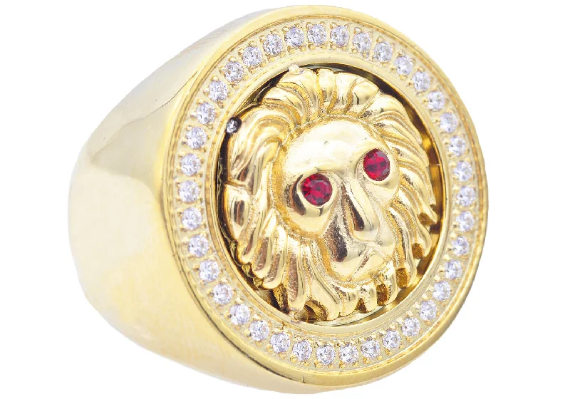 Custom Rose Gold Rings-Mens Gold Stainless Steel Lion Ring With Red And White Cubic Zirconia