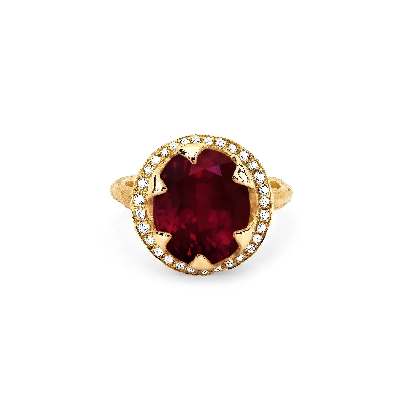 Designer Wedding Rings-Queen Oval Ruby Ring with Full Pavé Diamond Halo