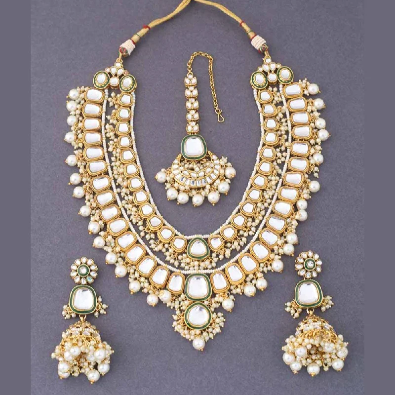 Luxury Diamond Necklaces-India Art Gold Plated Kundan Necklace Set