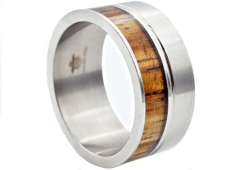 White Gold Engagement Rings-Mens Wood Inlayed Stainless Steel Ring