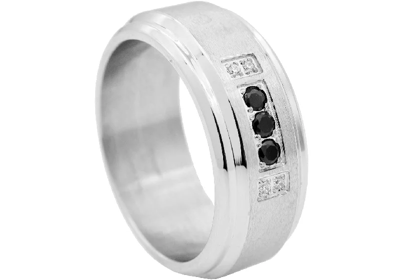 Statement Sapphire Rings-Mens Beveled Stainless Steel Band Ring With White And Black Cubic Zirconia