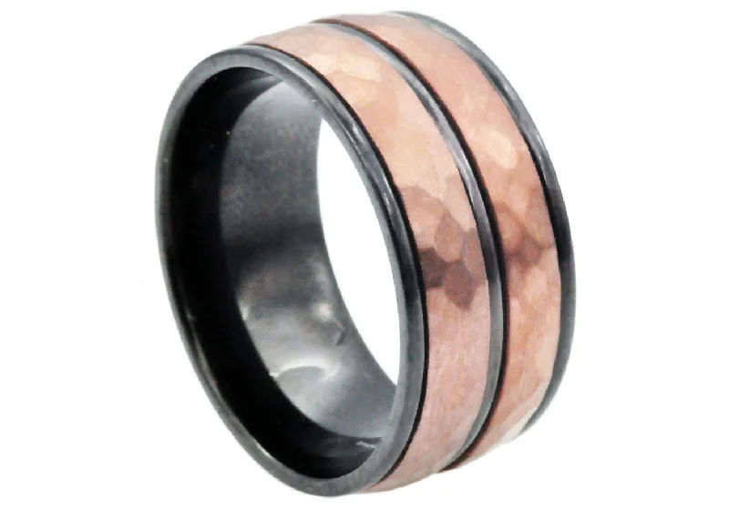 Personalized Wedding Rings-Mens 10mm Black And Chocolate Stainless Steel Hammered Ring