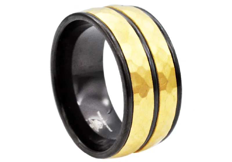 Silver and Diamond Rings-Mens 10mm Black And Gold Stainless Steel Hammered Ring